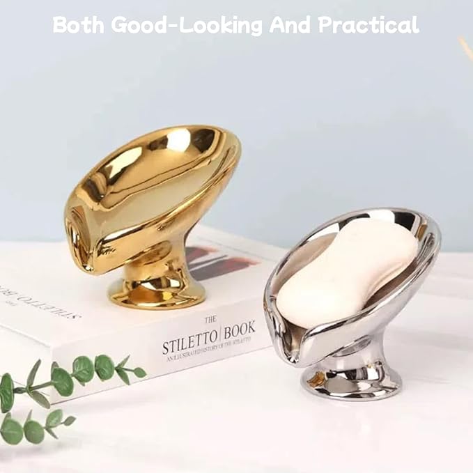 Bar Soap Holder, Soap Dish for Shower, Self Draining Soap Dish, Metallic Glossy Ceramic Soap Holder, Used for Sinks, Bathrooms, Showers,Kitchens (Silvery)
