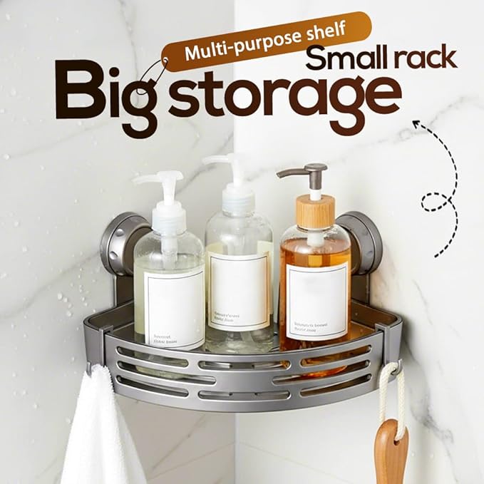 Triangle Suction Cup Corner Shelves No Drilling Bathroom Storage Rack, 2026 New Corner Shower Shelf Suction Cup Shower Caddy Corners Organizer Storage Rack Adhesive with Towel Bar (Gray three-layer)