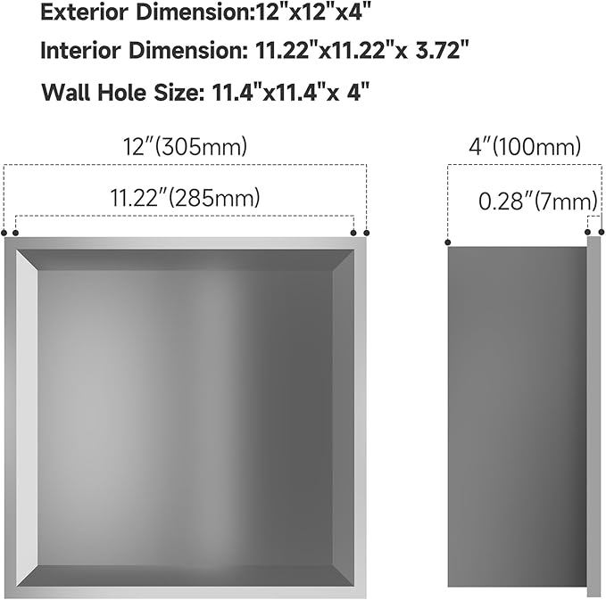 Shower Niche 12 x 12, Stainless Steel Shelf Recessed Shower Niche for Bathroom Storage No Tile Needed Over Mount Installation