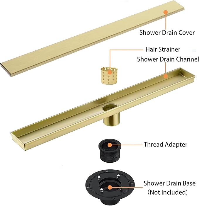 12 Inch Linear Shower Drain Bathroom Kitchen Golden Floor Drain Removable Capsule Pattern Cover Accessories Shower Drain 304 Stainless Steel Drain with Hair Strainer Adjustable Leveling Feet