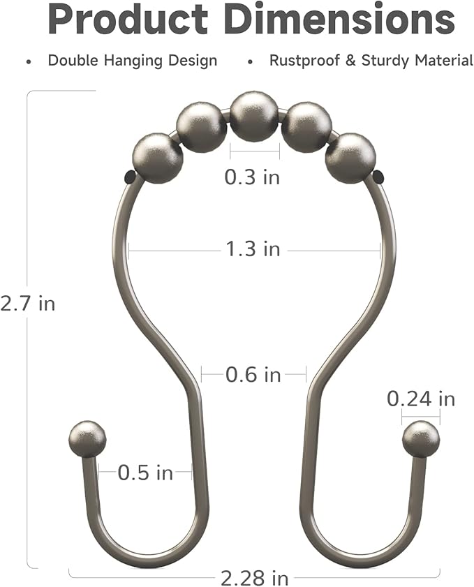 Shower Curtain Hooks Rust Proof Shower Curtain Rings, Smooth Glide Double Hook Shower Curtain Hooks,Shower Hooks for Shower Curtain Matte Nickel Shower Rod Hooks Shower Curtain Hangers 12Pcs