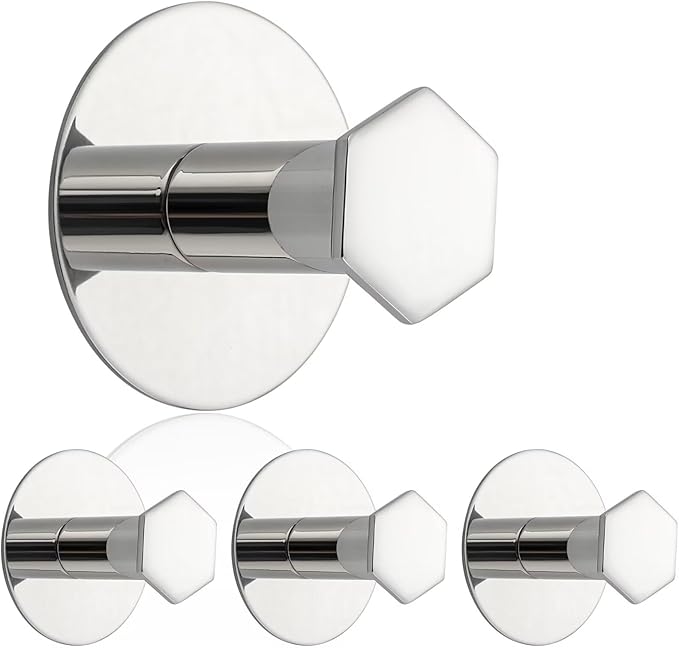SAYAYO Adhesive Hooks for Hanging Coat, Hat, Robe, Brushes, Stick on Towel Hooks for Bathroom Kitchen, Waterproof SUS304 Stainless Steel Sticky Wall Hooks, No Nails, 4 Pack, Chrome