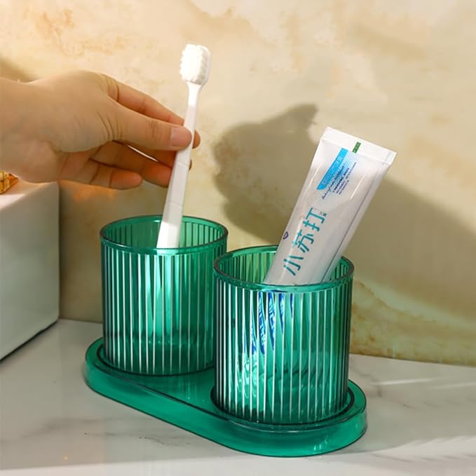 Bathroom Tumbler 2 Pieces ，Unbreakable Toothbrush Cup，Dishwasher Safe Drinking Cup (Green & Green)