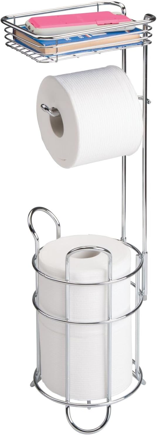 mDesign Steel Toilet Paper Holder with Storage Shelf - Concerto Collection - Chrome - Holds 3 Rolls