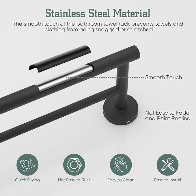 Towel Rack for Bathroom, 24 Inch Dual Towel Bar, Stainless Steel Wall Mounted Towel Holder Modern Home Decor Bathroom Accessories, Matte Black