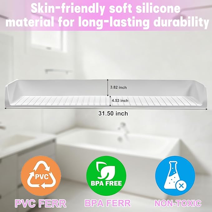 Longer Bath Tub Splash Guard for Kids,Silicone Bath Toy Holder for Bathtub,Bath Tub Play Shelf,Prevent Water Spills in Bathroom,Fun-Filled Bath Time for Toddlers(Grey) Including Free Bonuses