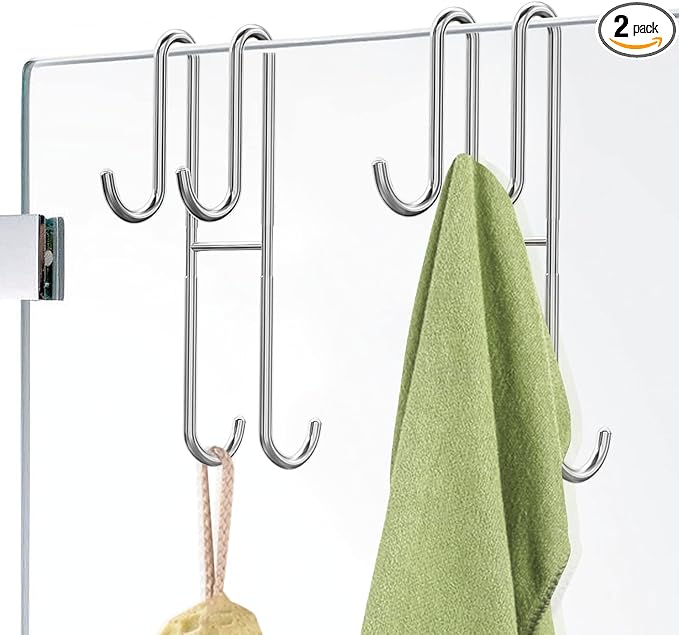 Cerbonny Shower Door Hooks, 2 Pack Extended Double Towel Hooks for Bathroom Frameless Glass Shower Door, Heavy Duty Stainless Steel Bathroom Hanger Without Perforation