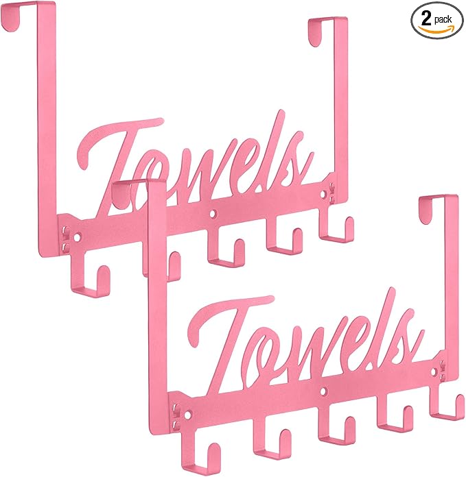 2 Pack Over The Door Hooks, Towel Rack for Bathroom, Over Door Hanger with 10 Coat Hooks for Bedroom Bathroom, Pink