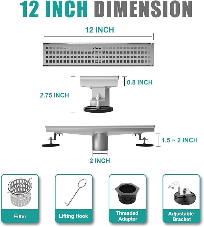 12 Inch Linear Drain Shower Rectangular Floor Drain with Removable Square Hole Cover and Hair Catcher, Long Shower Drains 304 Stainless Steel CUPC Certified (Brushed Nickel)