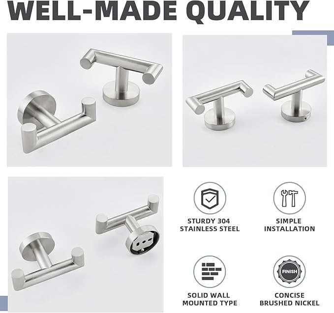 APLusee Brushed Nickel Double Towel Hook 2 Pack, 304 Stainless Steel Clothes Hook, Wall Mounted