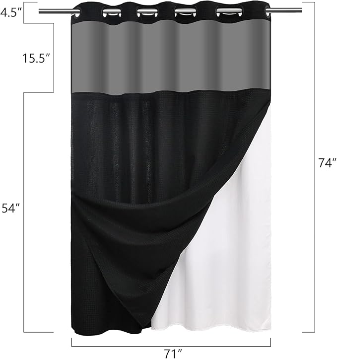 No Hooks Required Waffle Weave Shower Curtain with Snap in Liner-Hotel Grade Waterproof & Mesh Top Window Spa Like Small Stall Bath Curtain Machine Washable 54Wx80L Black