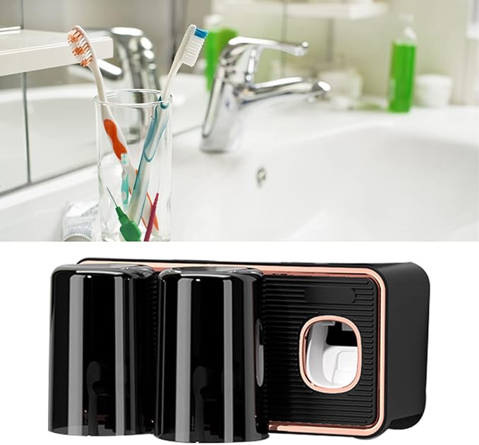 Toothbrush Holder with Toothpaste Dispenser, Wall Mounted Tooth Brush Organizer with 2 Brush Slots, Self Adhesive Toothbrush Holder for Shower (Black)