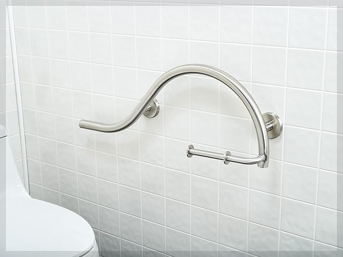 Bathroom Grab Bar & Toilet Paper Holder - Stand Assist for Adults Elderly Handicap / 304 Stainless Steel / Left / Brushed Finish / 30" x 11"