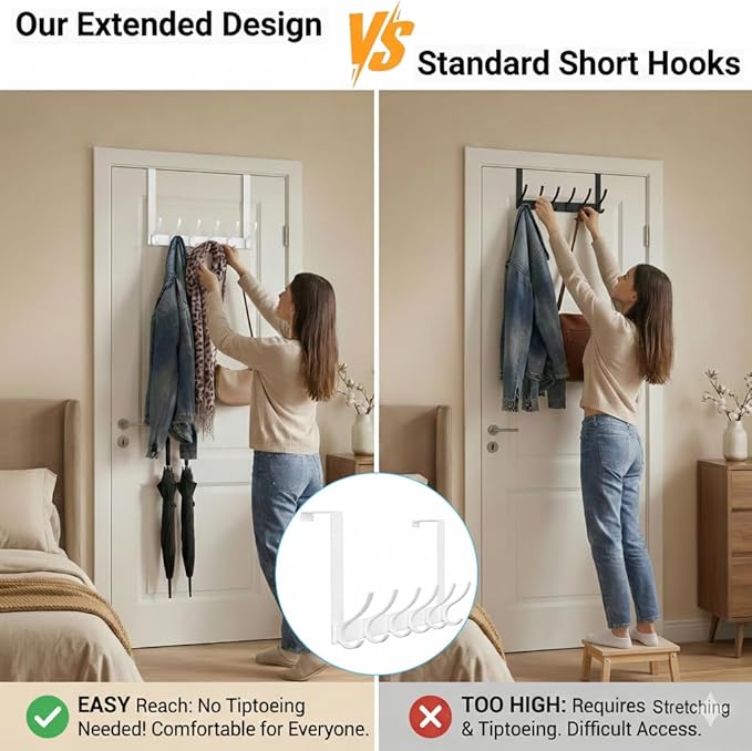 2 Pack Large Over The Door Hooks, Sturdy Door Hanger with 12 Hooks, Door Towel Rack for Bathroom, Bedroom, Kitchen, Coat Rack for Hanging, Easy to Install (White)