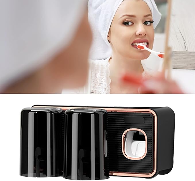 Toothbrush Holder with Toothpaste Dispenser, Wall Mounted Tooth Brush Organizer with 2 Brush Slots, Self Adhesive Toothbrush Holder for Shower (Black)
