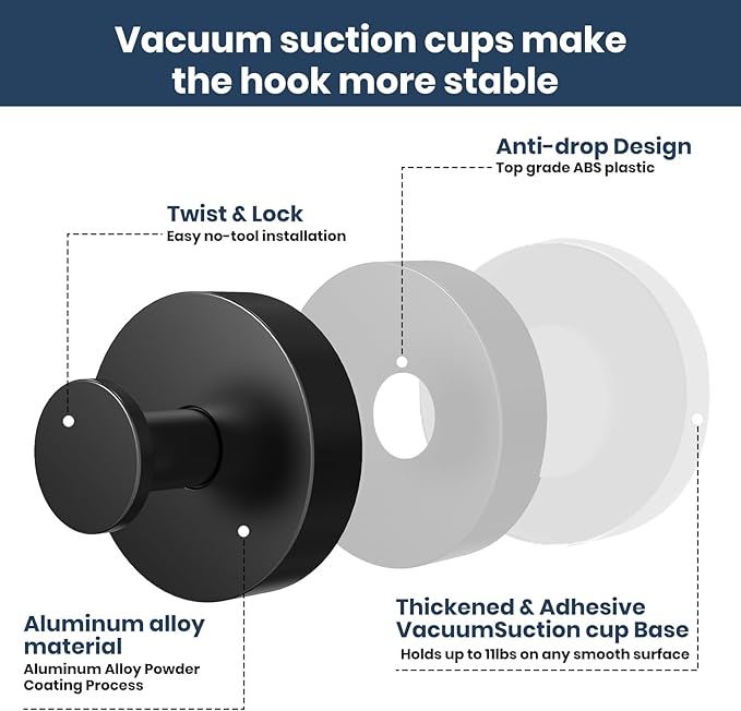 Vacuum Suction Cup Hooks for Shower 2 Pack, Heavy Duty Aluminum Alloy Towel Hooks for Bathroom Kitchen Glass Tile Mirror Wall No Drill Removable Robe Loofah Coat Suction Hooks Hanging-Blue