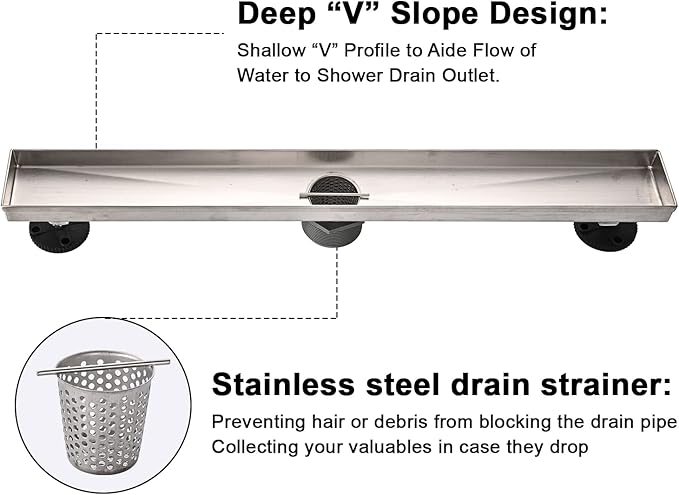 Linear Shower Floor Drain, 32 Inch Brushed Nickel 304 Stainless Steel Bathroom Drains Kit, Rectangular Shower Trench Drain with Reversable Tile-in Pattern Drain Cover & Hair Catcher