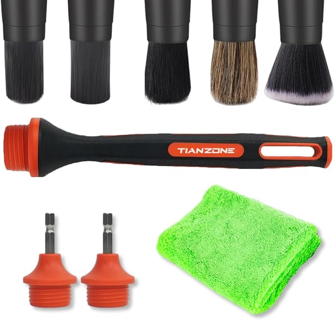 9Pcs Car Drill Brush Set, 5Pcs Attachment Heads for Cleaning Air Vent Automotive Interior or Exterior, Used on Electric Drill, Electric Driverrs. Additional Free: A Towel & A TPR Rubber-Coated Handle