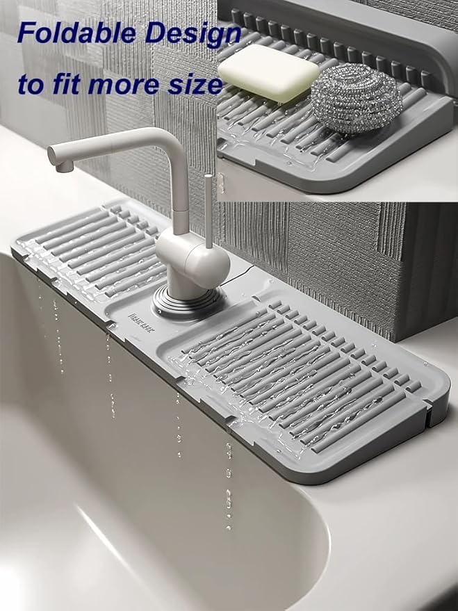 2 Pack Silicone Faucet Mat – Extra Wide 40x12cm Splash Guard | Keeps Counters Dry, Easy-Clean Drip Catcher for Kitchen & Bathroom, Fits 3.5–6cm Faucets (Grey)