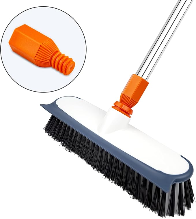 Scrub Brush for Floor Cleaning,12" Wide Brush Head with Rubber Squeegee & Stiff Bristles,Heavy Duty Tile Brush with Long Handle for Bathroom,Walk in Shower, Carpet, Wall,Boat Deck
