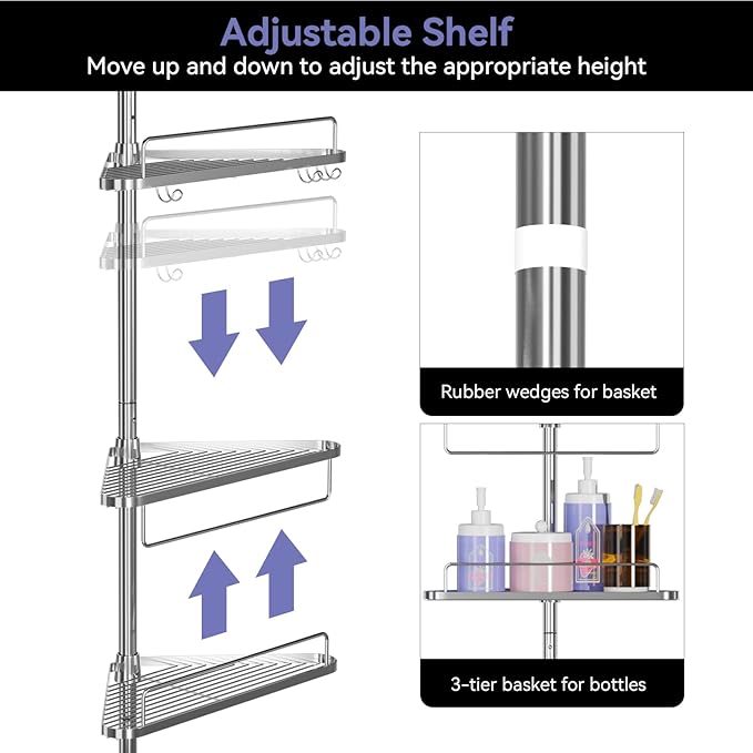 Corner Shower Caddy Tension Pole 59-110 in 4 Tier Rustproof Floor to Ceiling Shower Caddy - Stainless Steel Corner Caddy Shelf for Bathroom Bathtub, Shelves Tension Pole with 3 Towel Bars and 3 Hooks