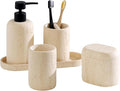Bathroom Accessories Set, Travertine Stone-Look, 5 PCS Bathroom Accessory Set with 13.53 OZ Soap Dispenser, Toothbrush Holder, Tumbler, Vanity Tray, Cotton Swab Jars for Countertop (Yellow)