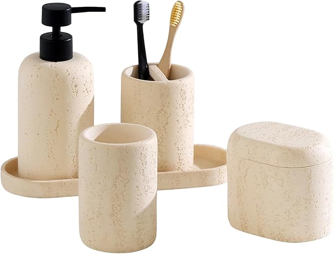 Bathroom Accessories Set, Travertine Stone-Look, 5 PCS Bathroom Accessory Set with 13.53 OZ Soap Dispenser, Toothbrush Holder, Tumbler, Vanity Tray, Cotton Swab Jars for Countertop (Yellow)