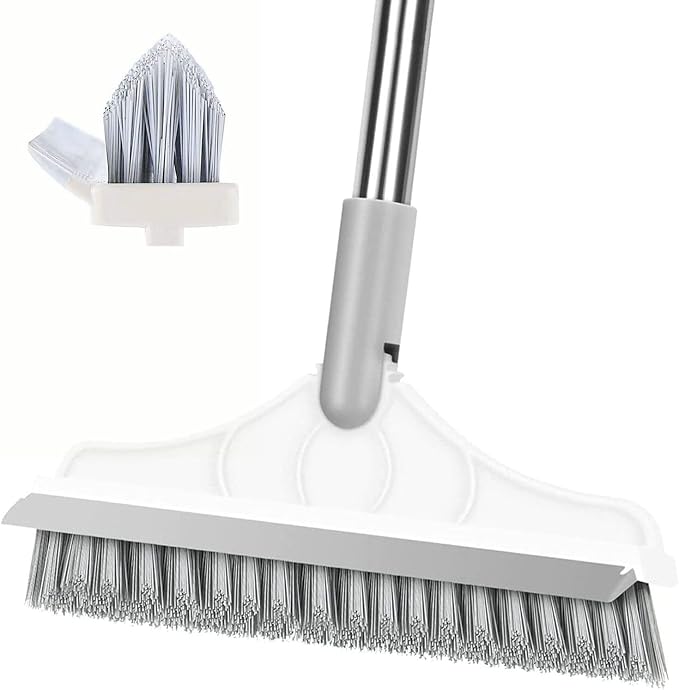 2 in 1 Floor Scrub Brush with V-Shape Stiff PVC Bristles, Stainless Steel Handle, Silver, 9x1.78x15.7 inches, 1 Count