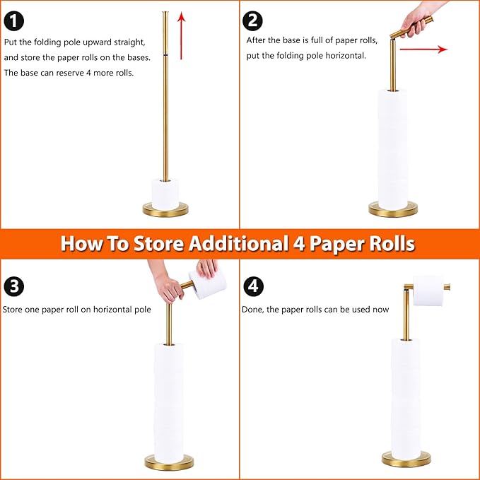 Toilet Paper Holder Stand Bathroom Toilet Paper Storage for 4 Paper Rolls with Heavy Base, Freestanding Toilet Paper Roll Holder (Gold)