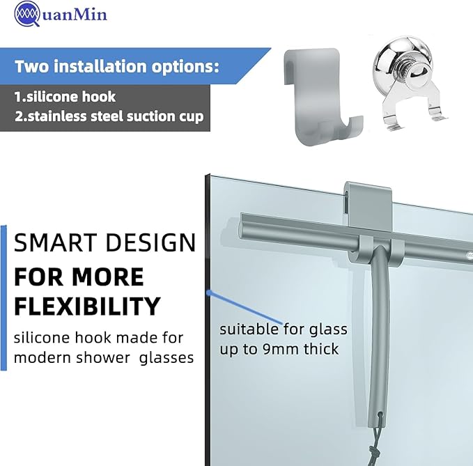 9 Inch Rounded Shower Squeegee with Hook & Suction Cup | Stainless Steel Core Silicone Wiper for Glass, Ceramic Doors & Windows - Grey Multi-Use Tool
