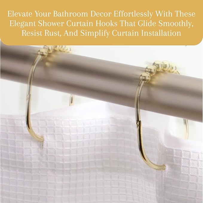 2 Lb. Depot Wide Shower Curtain Rings - Set of 12 Easy Glide Rollers with Decorative Gold Finish - Stainless Steel Shower Hooks for Straight and Curved Rods - Decorative and Durable for Any Bathroom