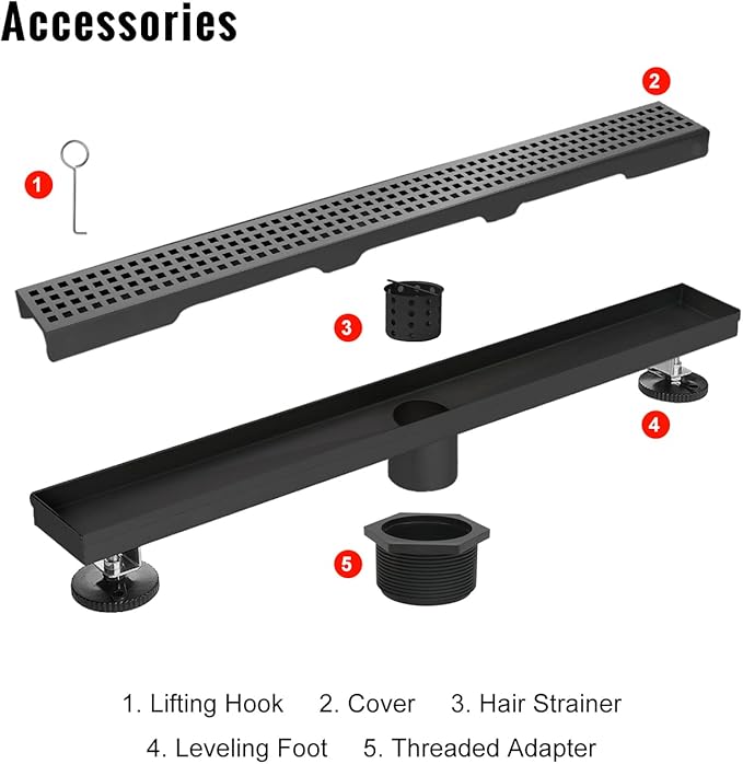 SaniteModar Linear Shower Drain, Matte Black Shower Drain 32 inch with Removable Grate,Brushed 304 Stainless Steel Shower Drain Include Hair Strainer,Adjustable Leveling Feet