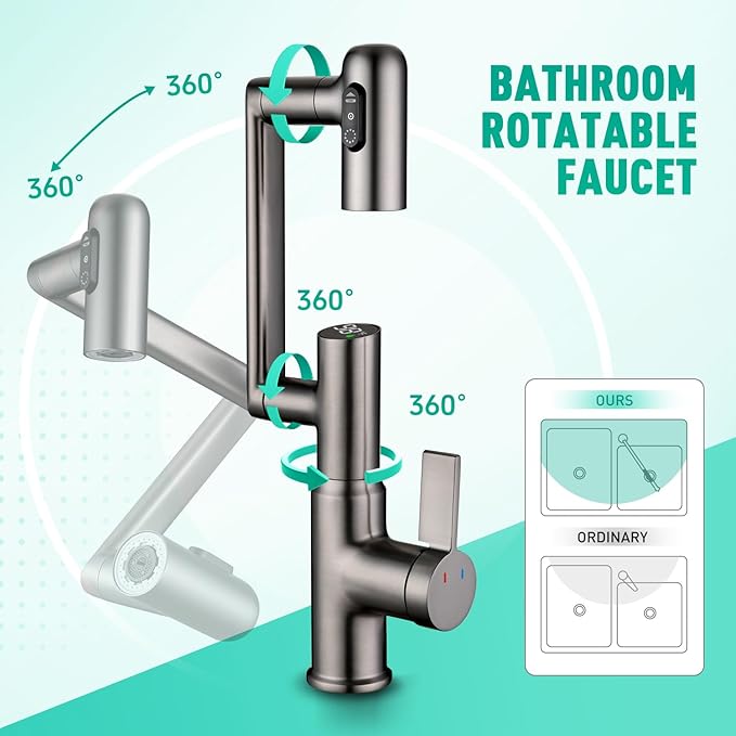 Rotatable Bathroom Faucet with Temperature Display in Fahrenheit(Batteries-Free), Height Adjustable Sink Smart Faucet with 3 Water Settings for Bathroom RV Lavatory Vanity Sink, LCF-2401, Matte Grey