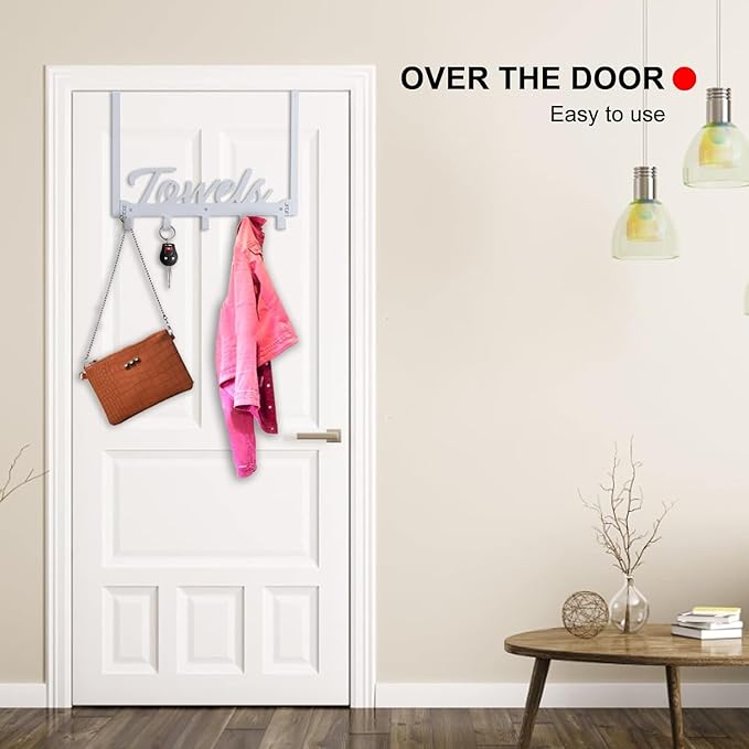 Over The Door Hooks, Towel Hook Towel Holder Over Door Towel Hanger Door Hanger with 5 Coat Hooks Towel Rack for Bathroom Bedroom Kitchen, Chrome