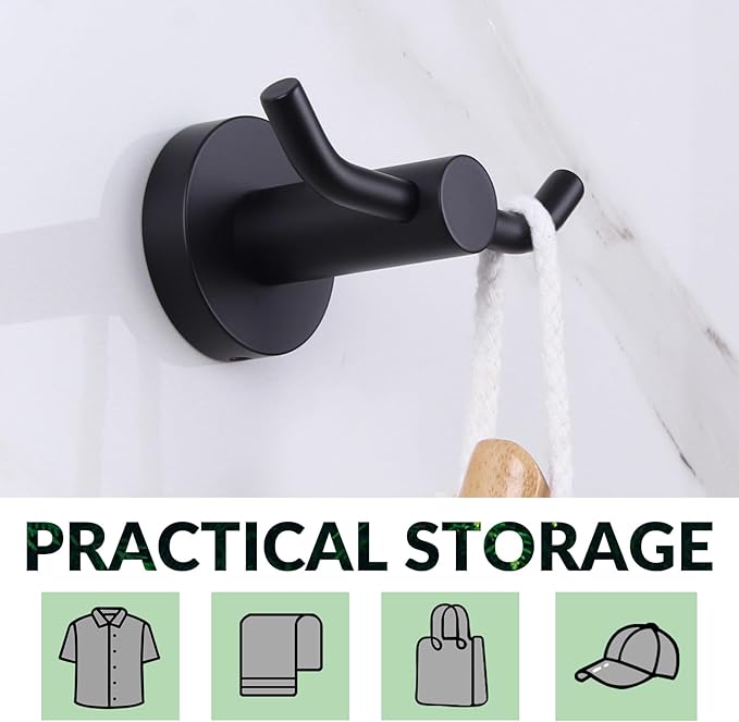 APLusee Double Bath Towel Hook, Premium Stainless Steel Coat Holder, Modern Bathroom Kitchen Storage Hanger Wall Mounted, Matte Black