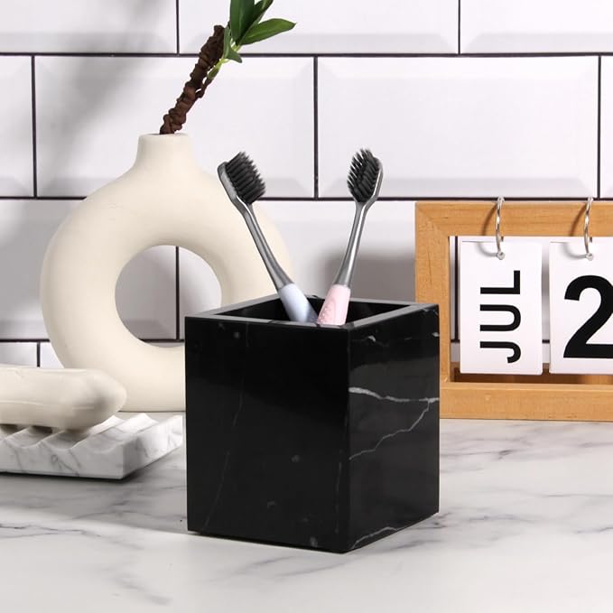 Natural Marble Toothbrush Holder for Bathroom Countertop (8.5x8.5x10cm) - Multifunctional Organizer for Makeup Brushes, Vanity Accessories & Utensils Sink (1, Black Marquina)