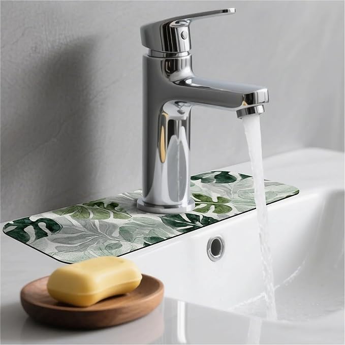 Kitchen Sink Splash Guard，Watercolor turtle shell leaf Faucet Mat Sink Gadgets-Super Absorbent Fast Drying Mat Drip Catcher for Kitchen, Bathroom,Sink Mat, Dish Drying Mat, Bathroom(15" X 5.5" )