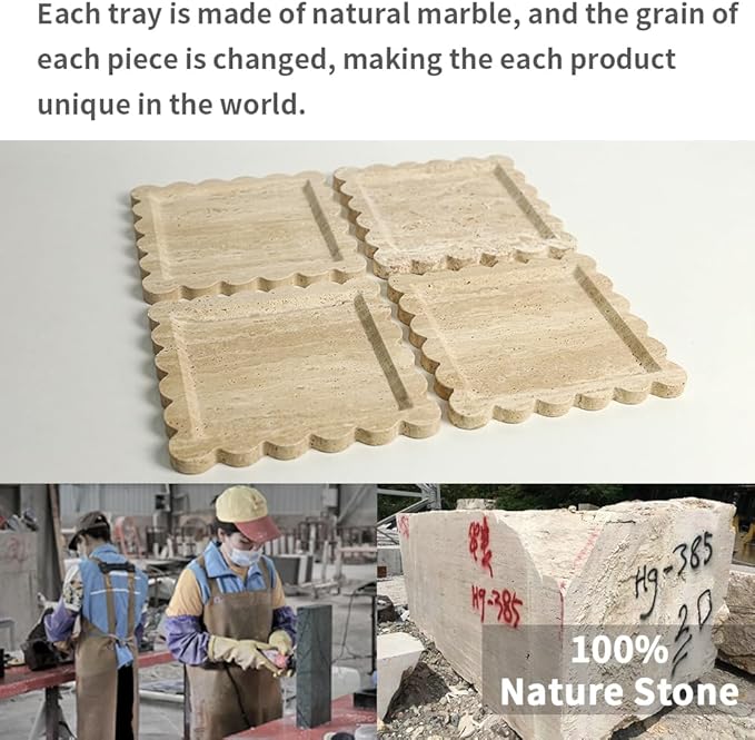 Natural 100% Marble Vanity Tray Luxury Scalloped Marble Tray, Travertine Tray for Home Decor Bathroom Kitchen Candle Key (Square-9.8 * 9.8-Beige Travertine)