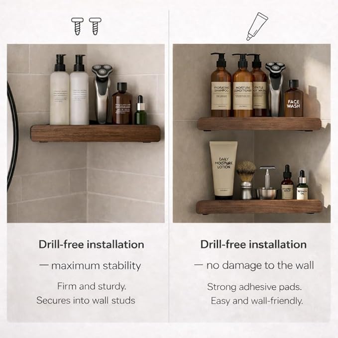 2-Tier Corner Shower Shelf, Walnut Wood Shower Caddy for Bathroom, Waterproof Wall Mounted Corner Organizer for Shampoo & Toiletries, No-Drill Triangle Corner Storage Rack With Glue Accessories