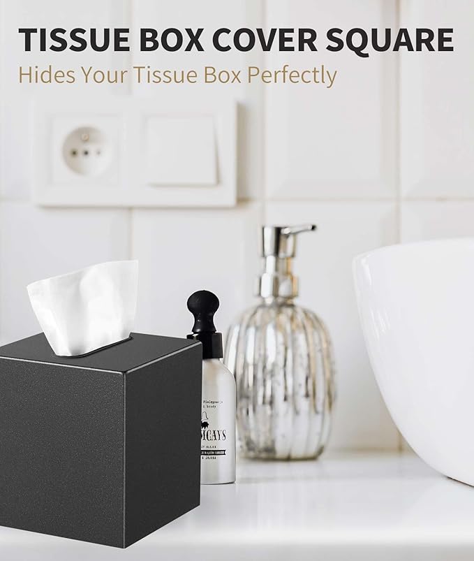 Livelab Metal Tissue Box Cover, Square Tissue Box Holder Modern Decor Facial Napkin Holder Tissue Box Dispenser for Bathroom Vanity Countertop, Living Room, Bedroom, Office | Dark Pebble Grain