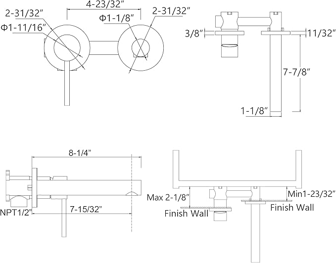 sumerain Single Handle Left-Handed Wall Mount Bathroom Faucet in Chrome