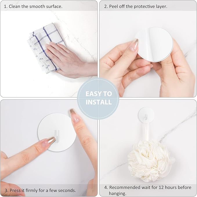 VIS'V Adhesive Hooks, Small Metal Shower Wall Stick on Hooks, Waterproof, 2 Extra Adhesive Strips, Round, White, 4 Pcs