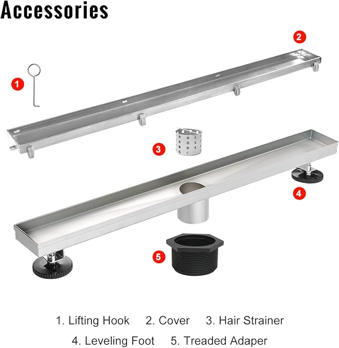 SaniteModar Linear Shower Drain, Linear Drain 60 inch with 2 in 1 Tile Insert & Flat Panels, 304 Stainless Steel Brushed Invisible Shower Floor Drain with Hair Catcher and Leveling Feet