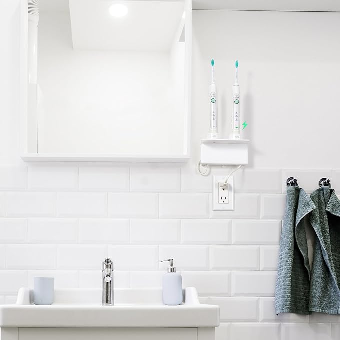 OAPRIRE Electric Toothbrush Holder for Bathroom, Acrylic Electric Toothbrush Holder Wall Mounted Come with Cable Organizer, Saving Space and Convenient Charging - White