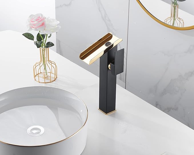 Bathroom Vessel Sink Faucet LED Light Black Gold,Hydropower LED 3 Colors Changing Waterfall Spout, Hot and Cold Water Mixer, Single Handle Single Hole Commercial Residential Bathroom Tap Faucet