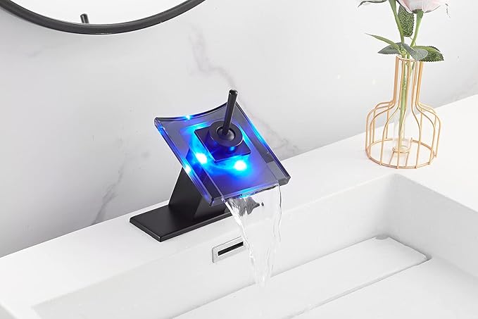 Black Sink Faucet Bathroom LED Light 3 Colors Changing Waterfall Glass Spout Hot and Cold Water Mixer Single Handle One Hole Deck Mounted Bathroom Faucet Lavatory Vanity Basin Mix Tap Commercial