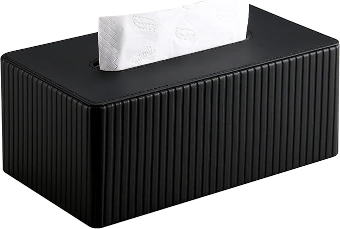 KINGFOM PU Leather Tissue Box Cover Rectangular Tissue Box Holder with Magnetic Bottom, Napkin & Facial Tissue Holder Dispenser for Home, Office (Decorative Pattern-PU Leather, Black Stripe)