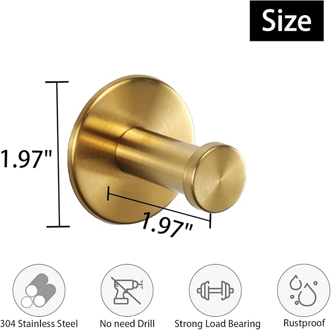 Bath Towel Hooks, 6 Pack Self Adhesive Coat Hooks, Sturdy No Drilling Robe Hook, SUS 304 Stainless Steel Heavy Duty Clothes Hanger, Wall Hooks for Bathroom Bedroom Kitchen (2 in, ‎Gold)