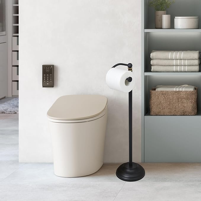 Toilet Paper Holder Stand,Rustproof Toilet Paper Stand,Free Standing Toilet Paper Holder,Weighted Base Toilet Paper Standing Holder Matte Black