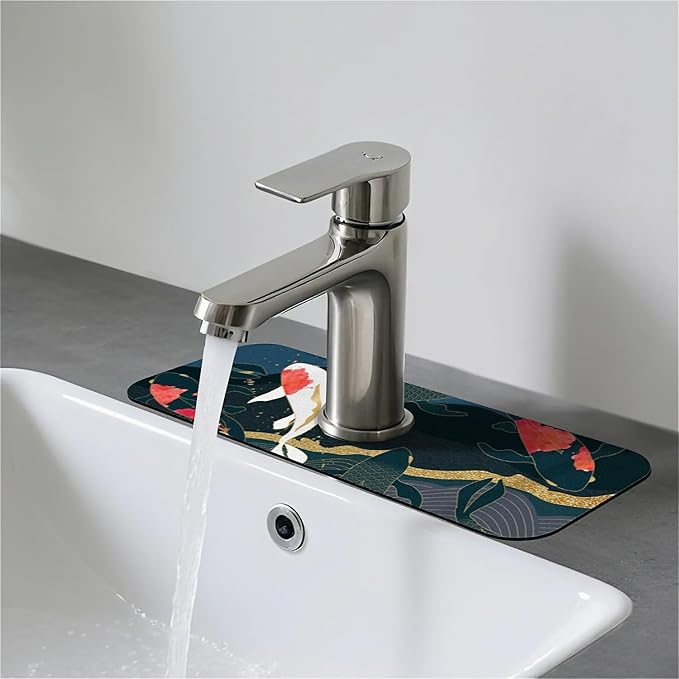 Faucet Draining Mat For Kitchen Sink, Oriental Japanese Koi Fish Diatom Mud Absorbent Drain Pad For Bathroom Kitchen Sink Splash Guard Drying Mat